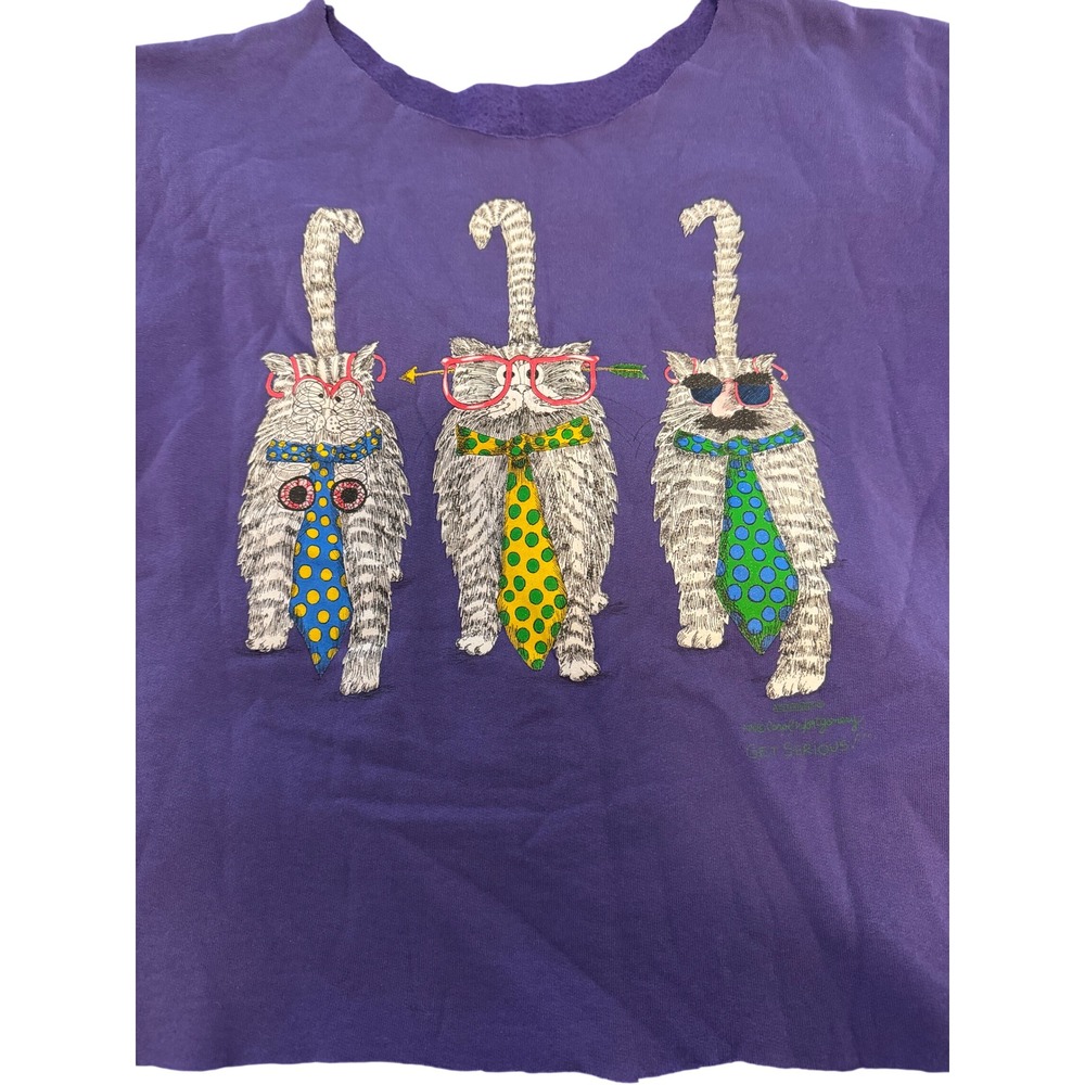 Vintage Melanie Montgomery Get Serious Cat Graphic Cropped Sweatshirt Purple